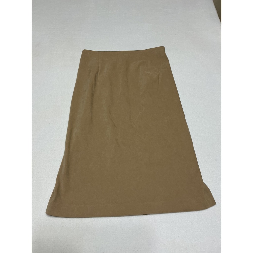 Vintage Leslie Fay Petites Womens 10P Camel Tan A-Line Midi Skirt Elastic Waist